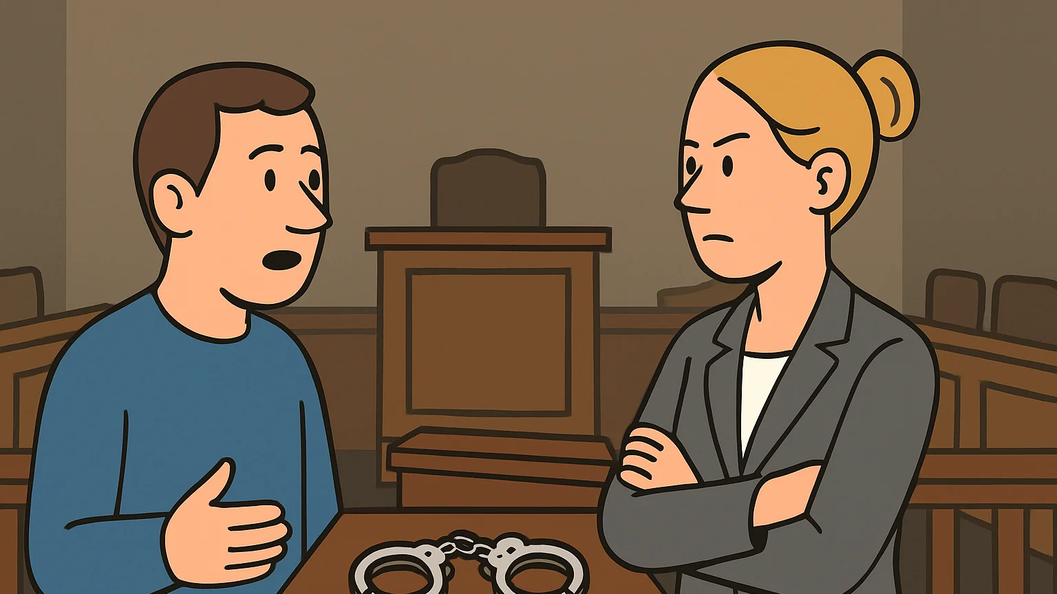 A courtroom scene with a defendant and a prosecutor discussing the sentence; handcuffs on the podium.
