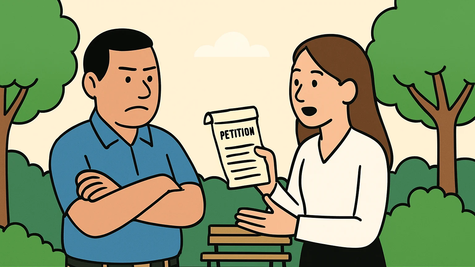 A town supervisor and a petitioner discussing a folded petition in a park.