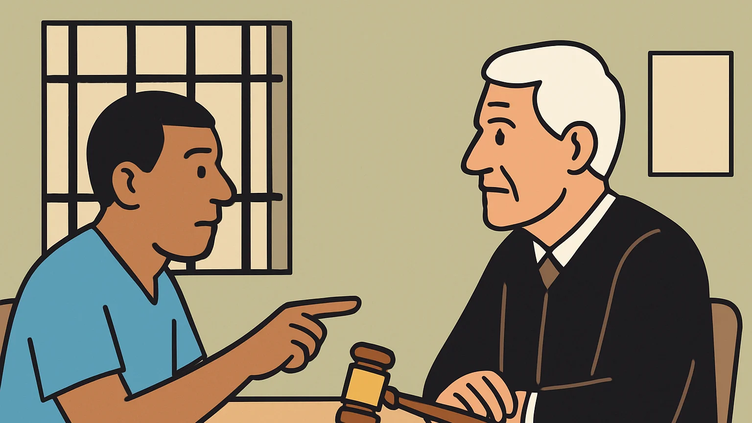 An inmate discusses a legal issue with a judge in a prison setting.