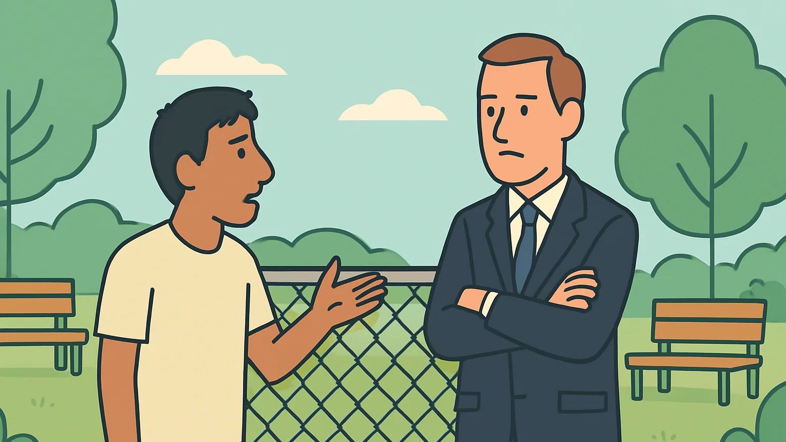 An immigrant gestures to a government official near a chain-link fence in a park.