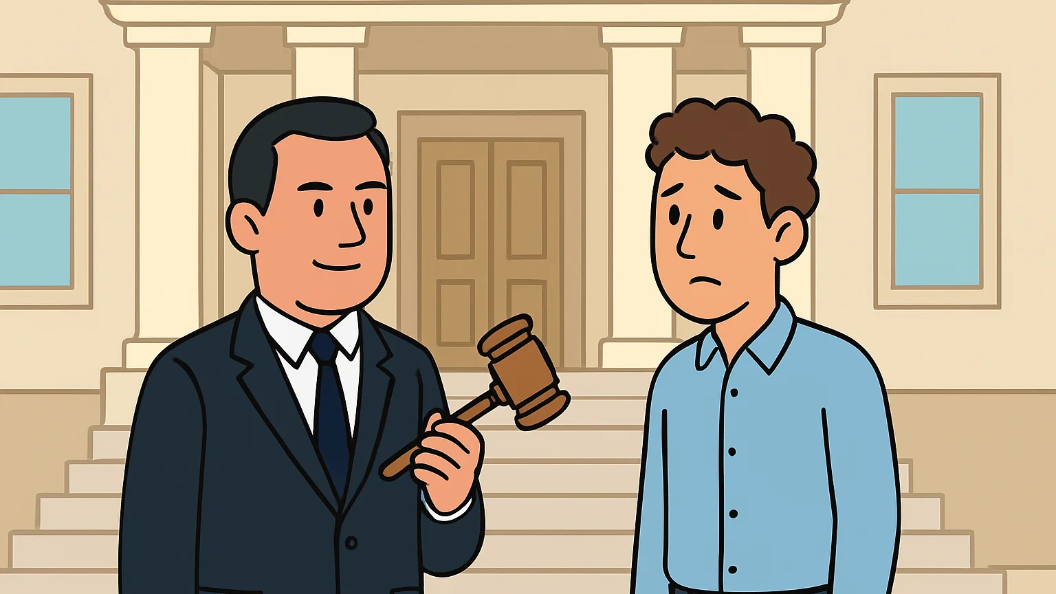 A prosecutor and a defendant stand on courthouse steps, discussing an appeal.
