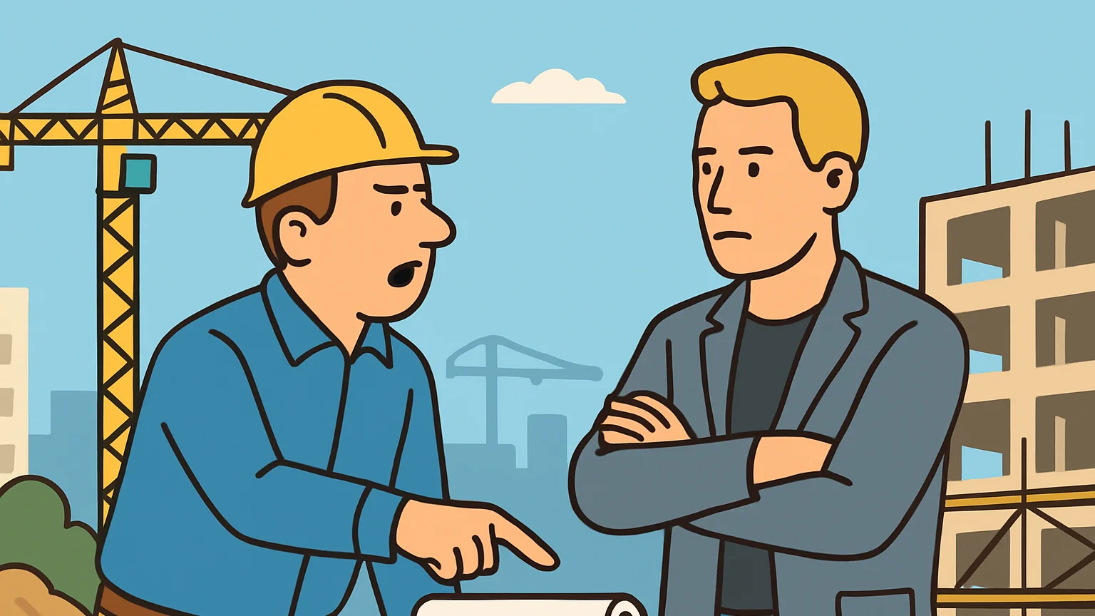 Contractor and developer discuss payments at a construction site.