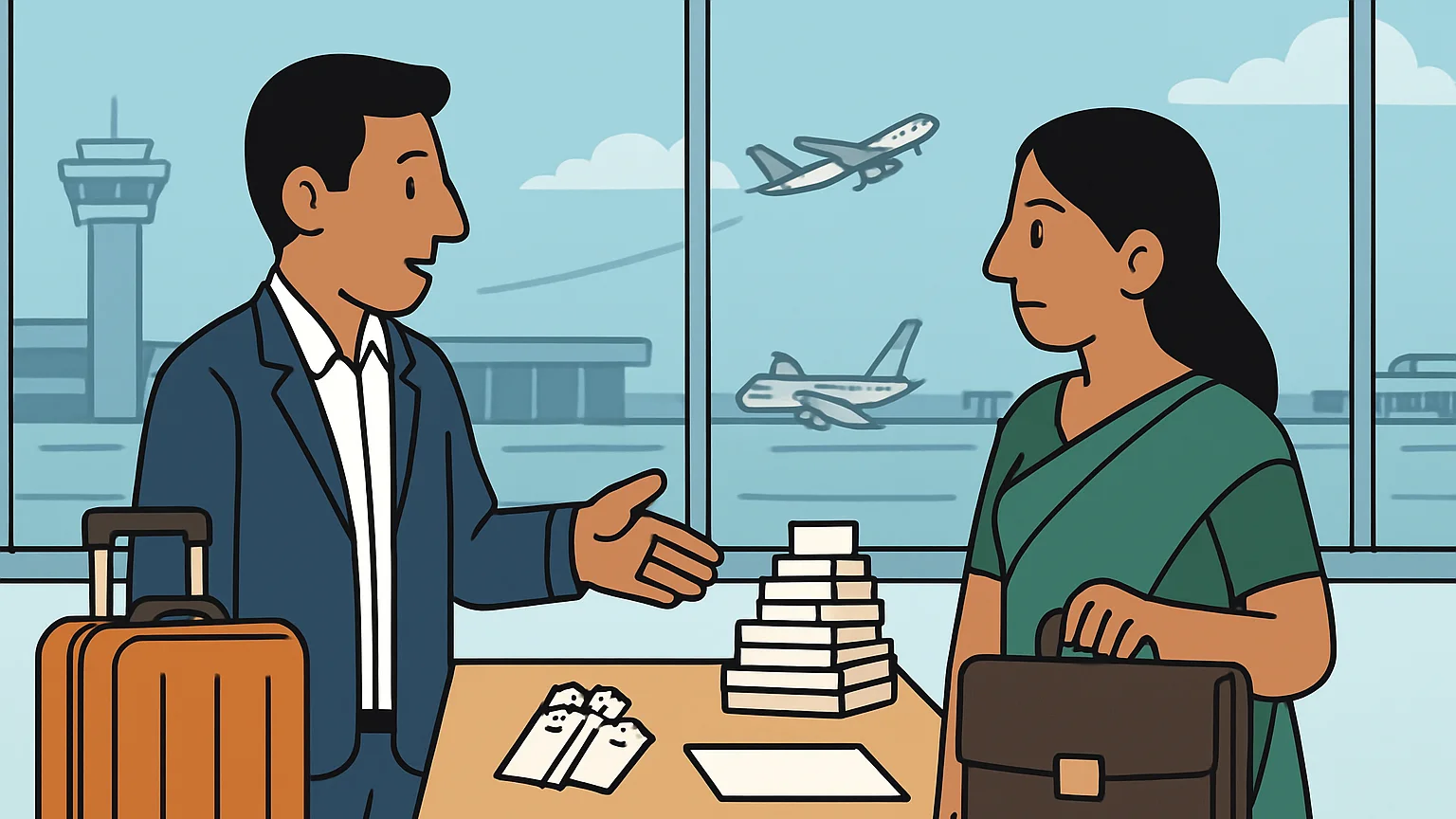 An airline representative and a government official discuss tax penalties in an airport office.