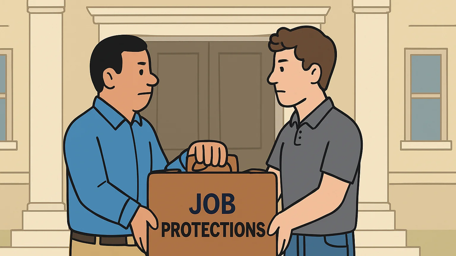 A union rep and contractor discuss job protections at a federal building entrance.