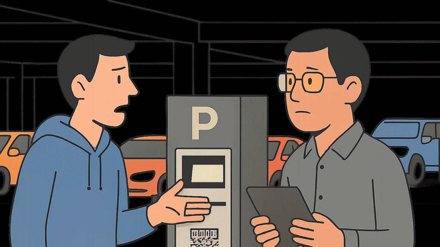 A driver gestures at a parking payment kiosk while a company rep listens in a garage.