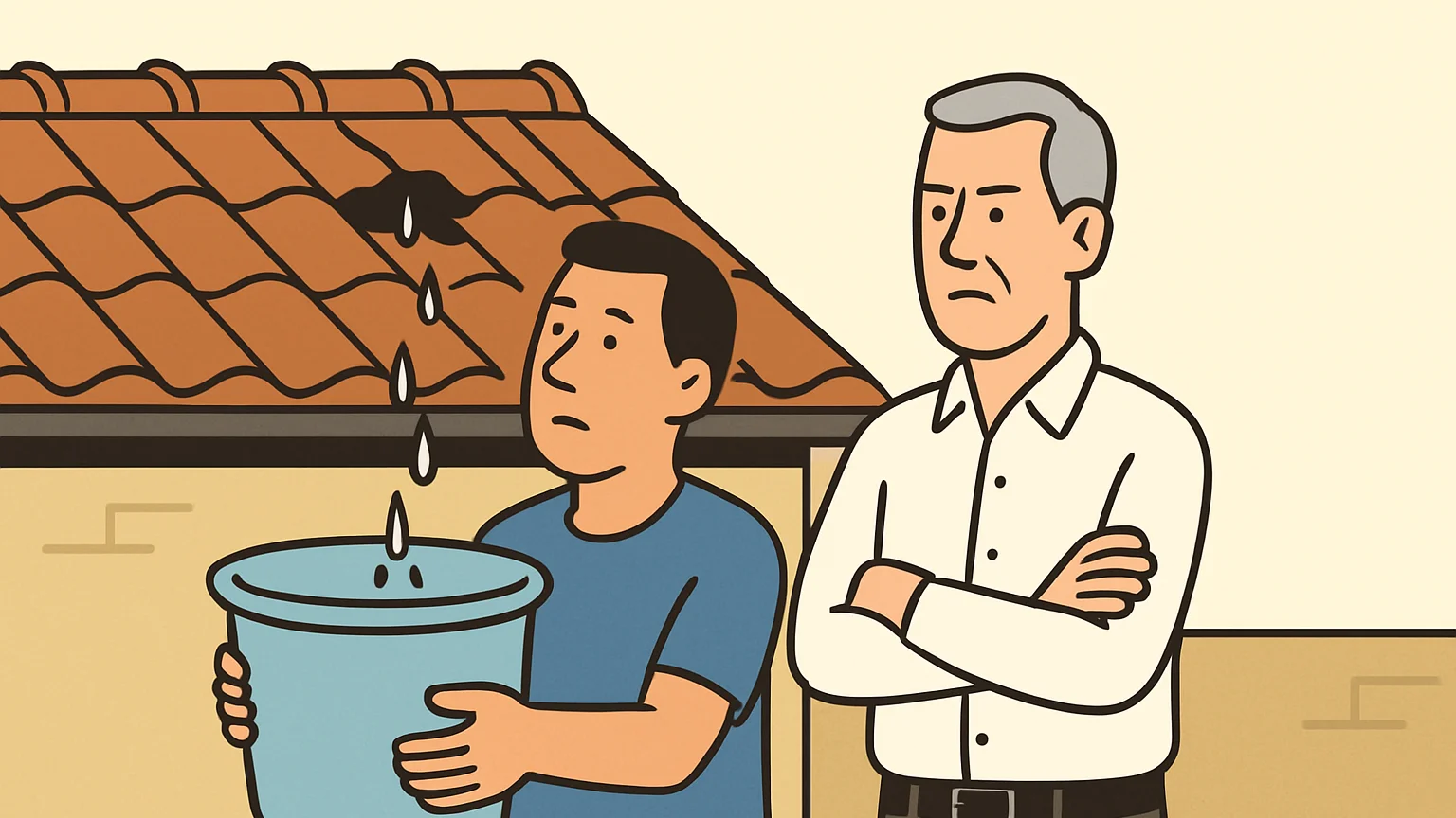 A tenant catches water in a bucket from a leaky roof while a co-owner looks on.