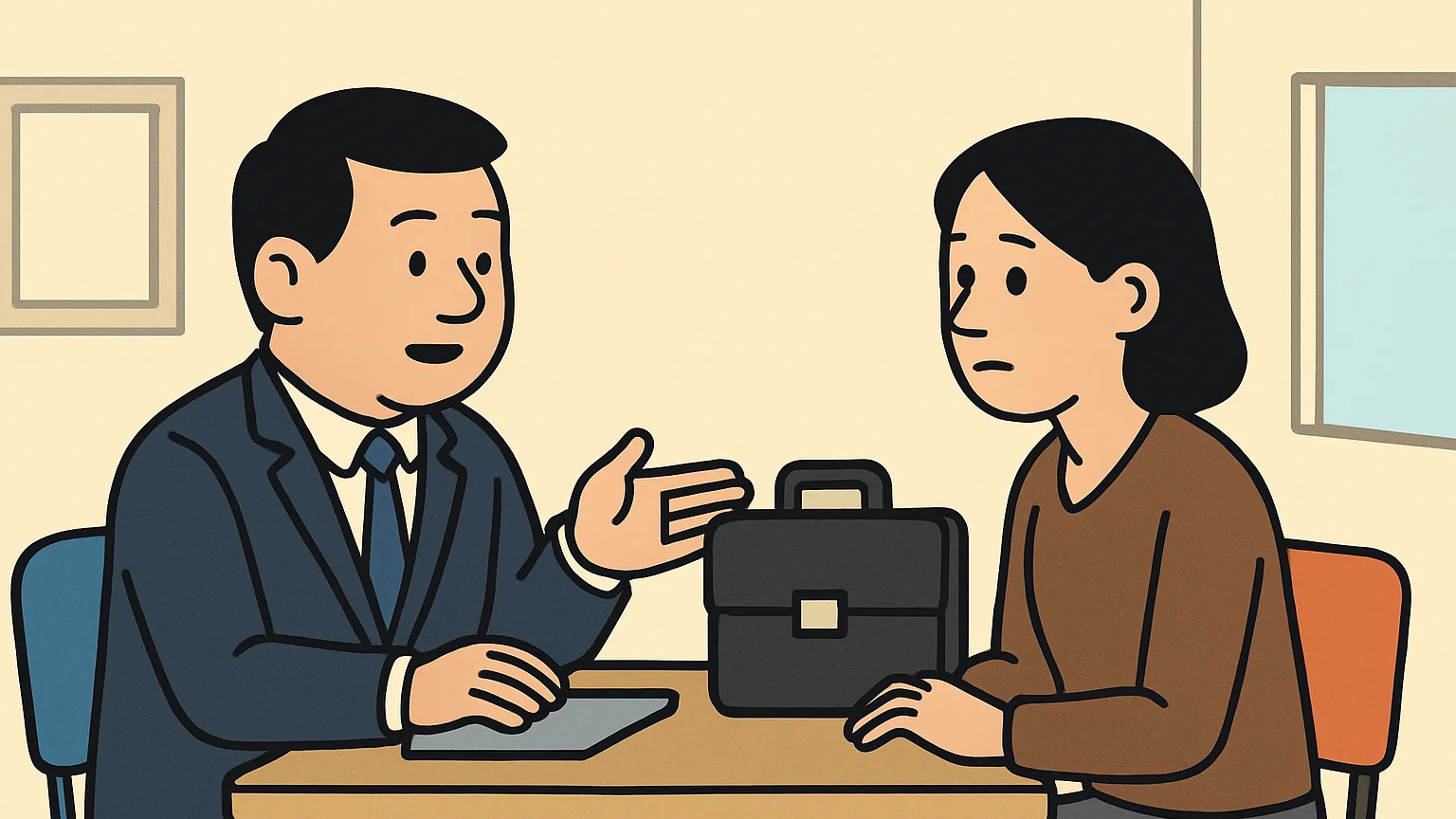 A bank representative and a borrower in an office with a briefcase symbolizing loans.