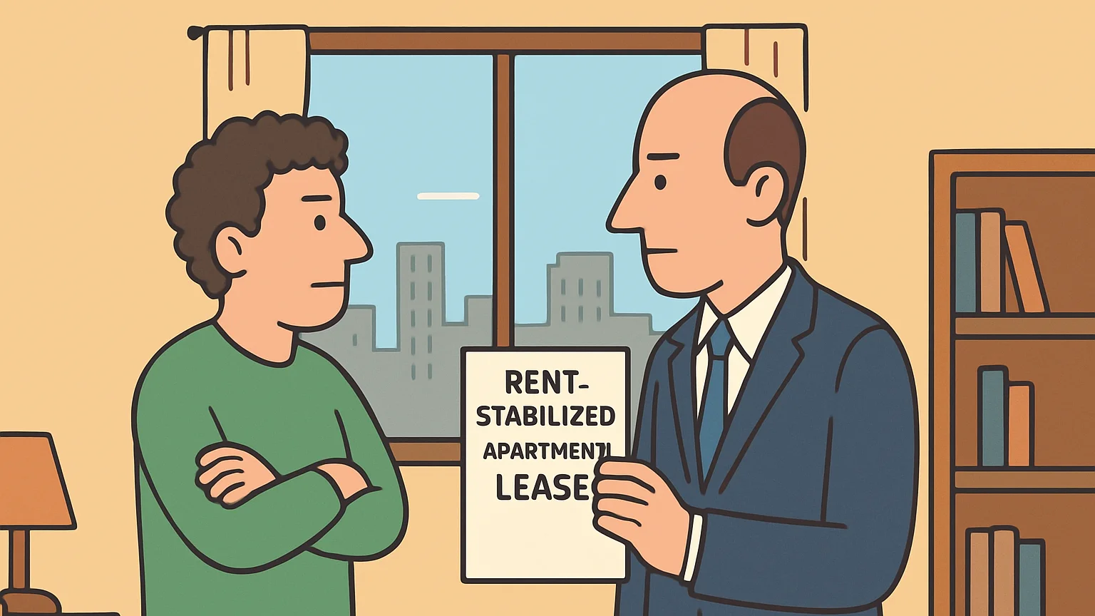 In a city apartment living room, a tenant confronts a landlord over rent stabilization, with a lease document between them.