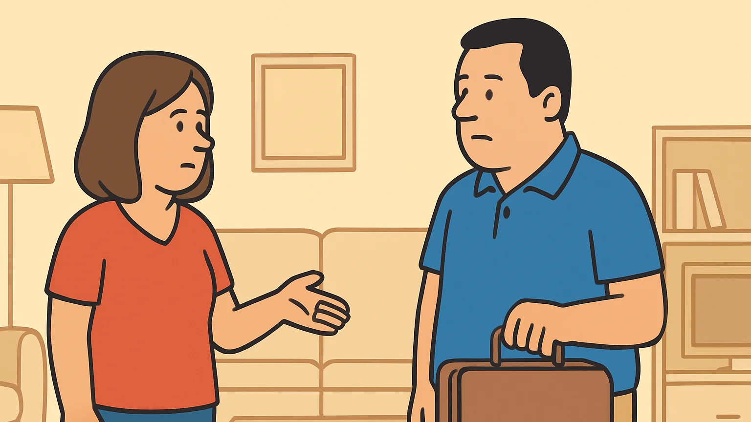 A woman gestures towards a suitcase in a family living room, facing a man who holds the suitcase. Scene shows conflict over a dismissal of a claim regarding personal belongings.