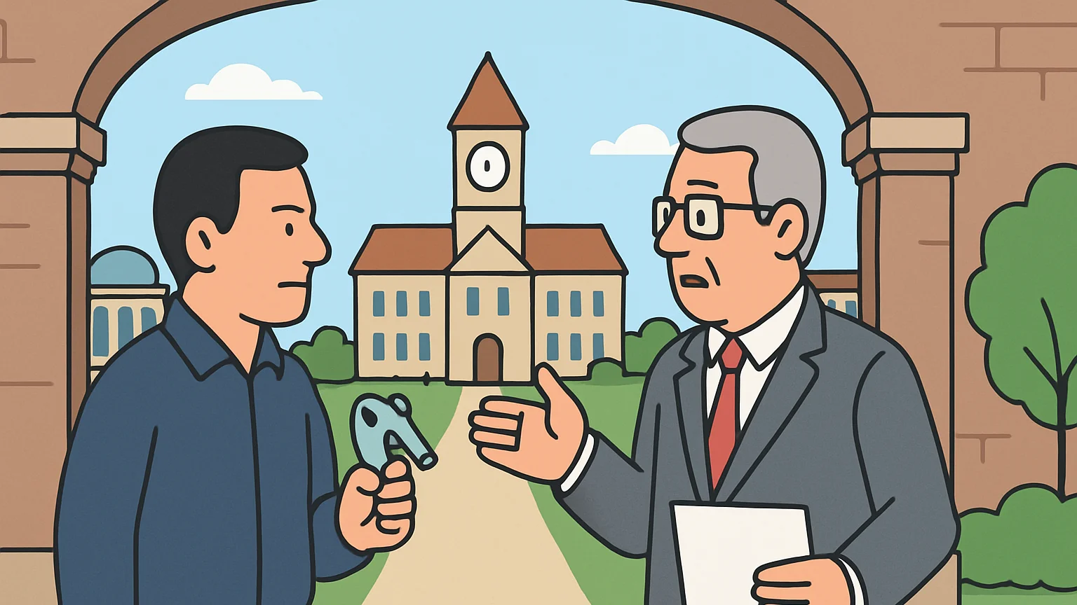 A former athletic director holding a whistle, facing a university representative at a campus entrance.