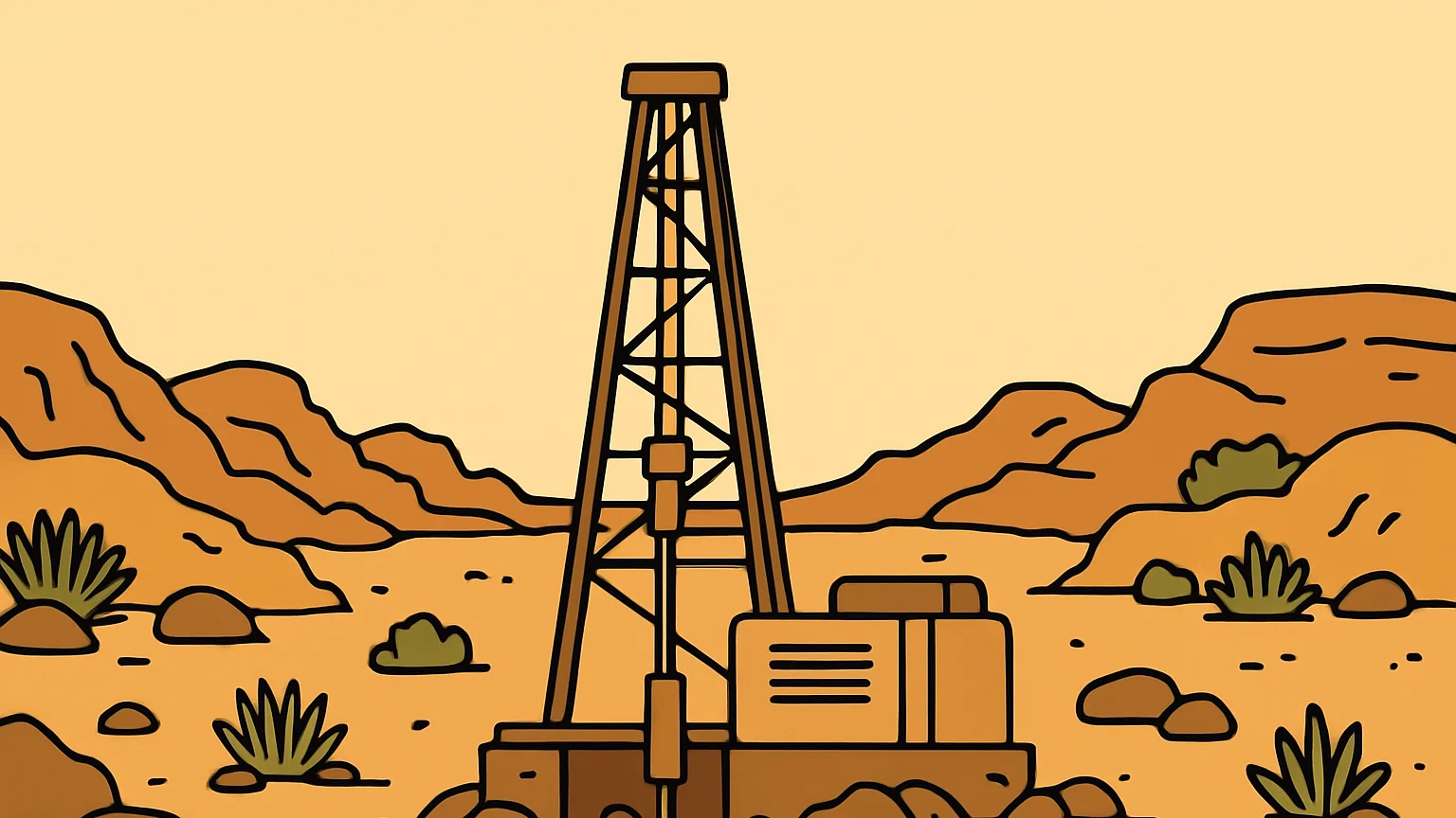 Illustration: a large drilling rig in a rocky area of a desert landscape with rugged terrain and sparse vegetation