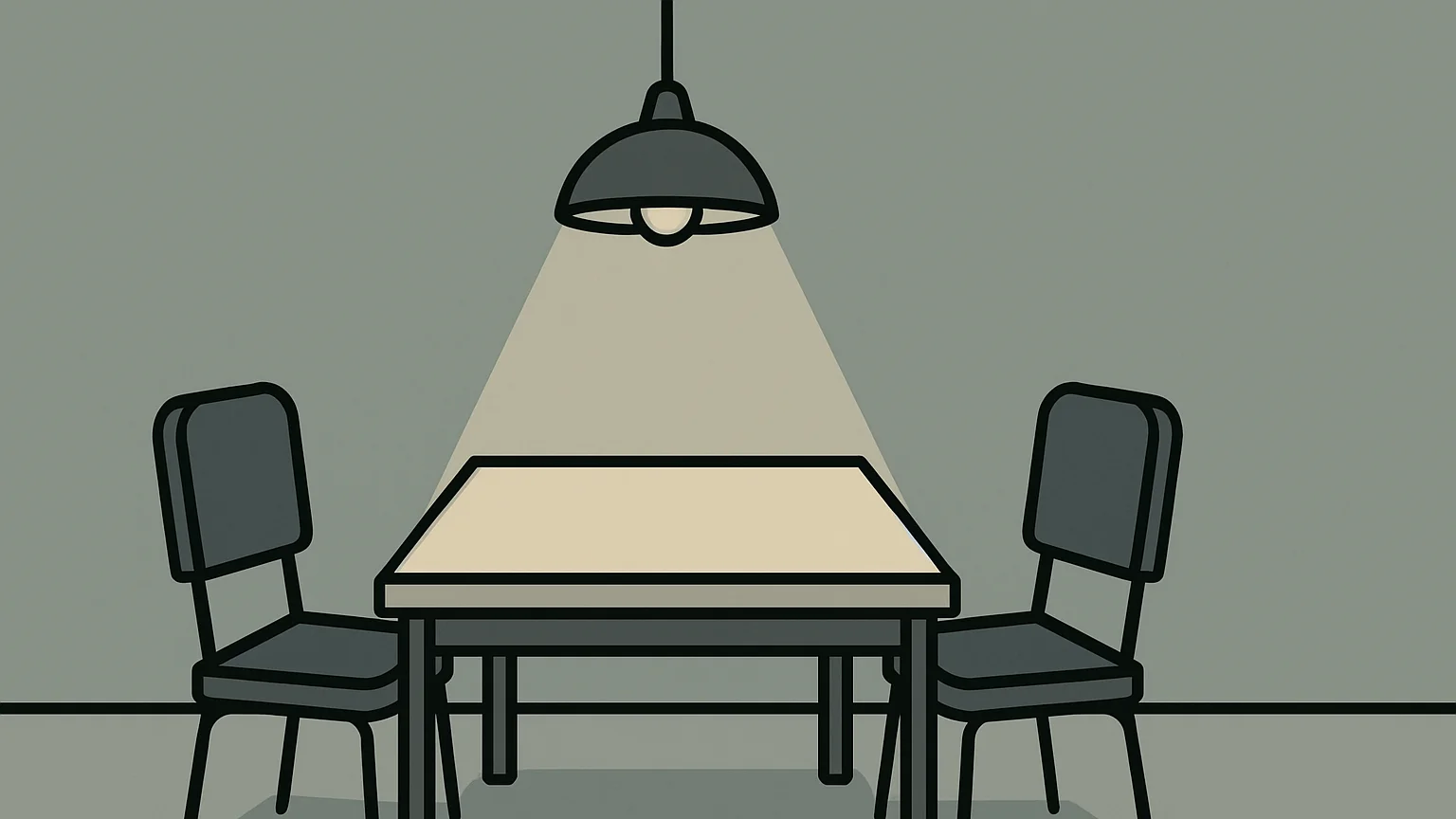 Symbolic illustration: an interrogation room table with two empty chairs