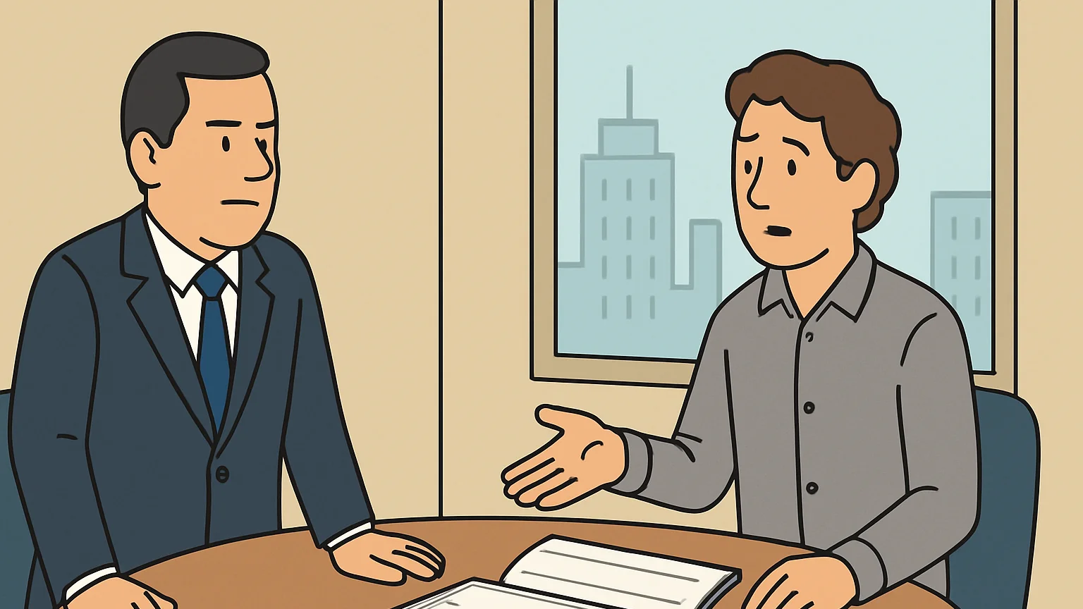 A prosecutor and a psychiatrist in a conference room discussing insurance fraud.