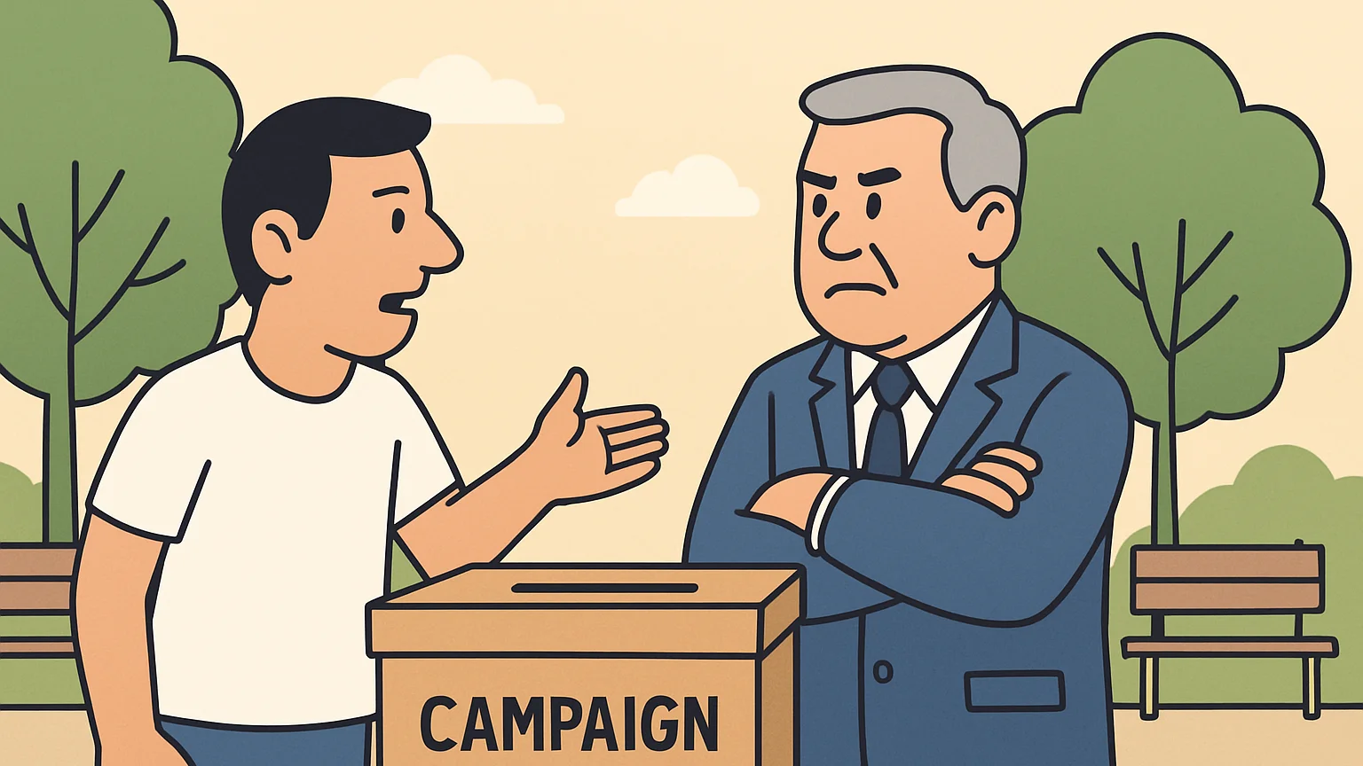 An activist argues with a state official over campaign funding transparency in a park.