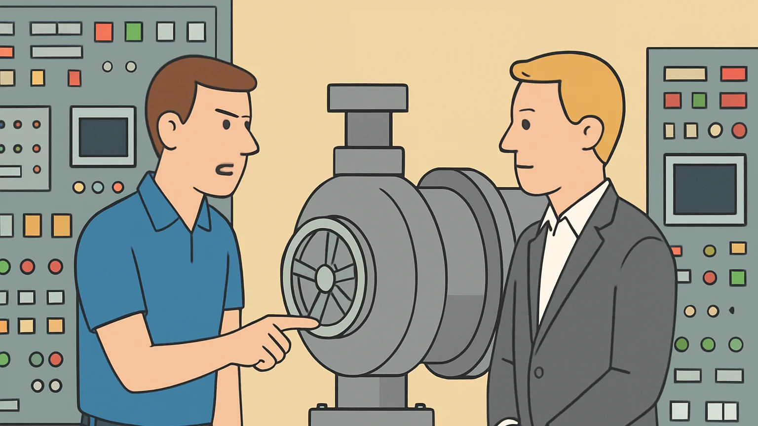 A tech engineer and an energy rep discuss a turbine valve in a control room.
