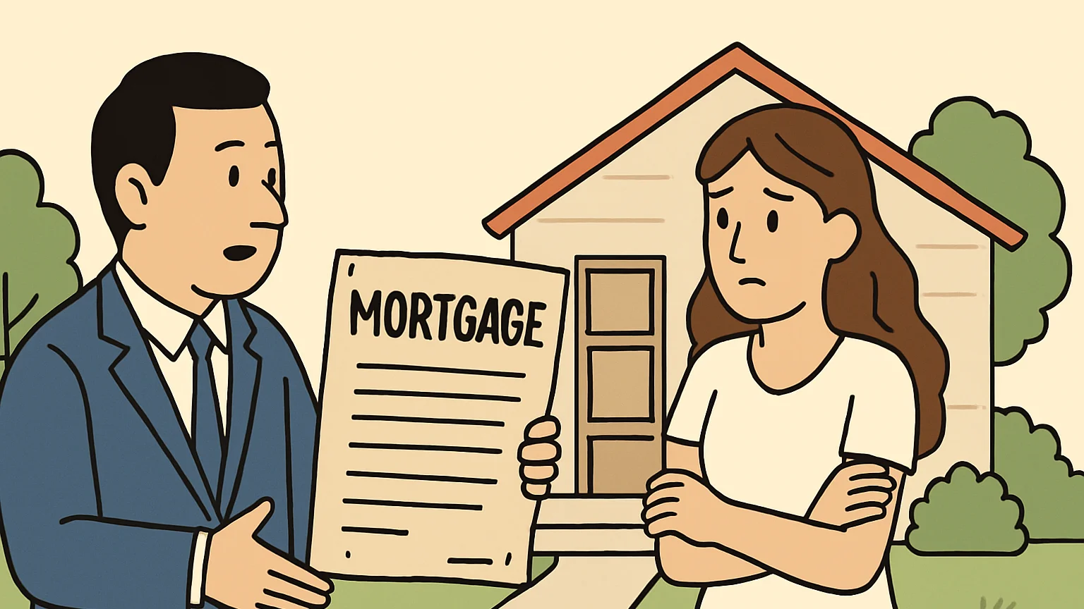 A lender presents a mortgage agreement to a concerned homeowner on her porch.