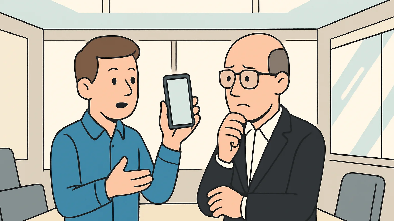 A young technology representative holds a smartphone while an engineer listens in a conference room.
