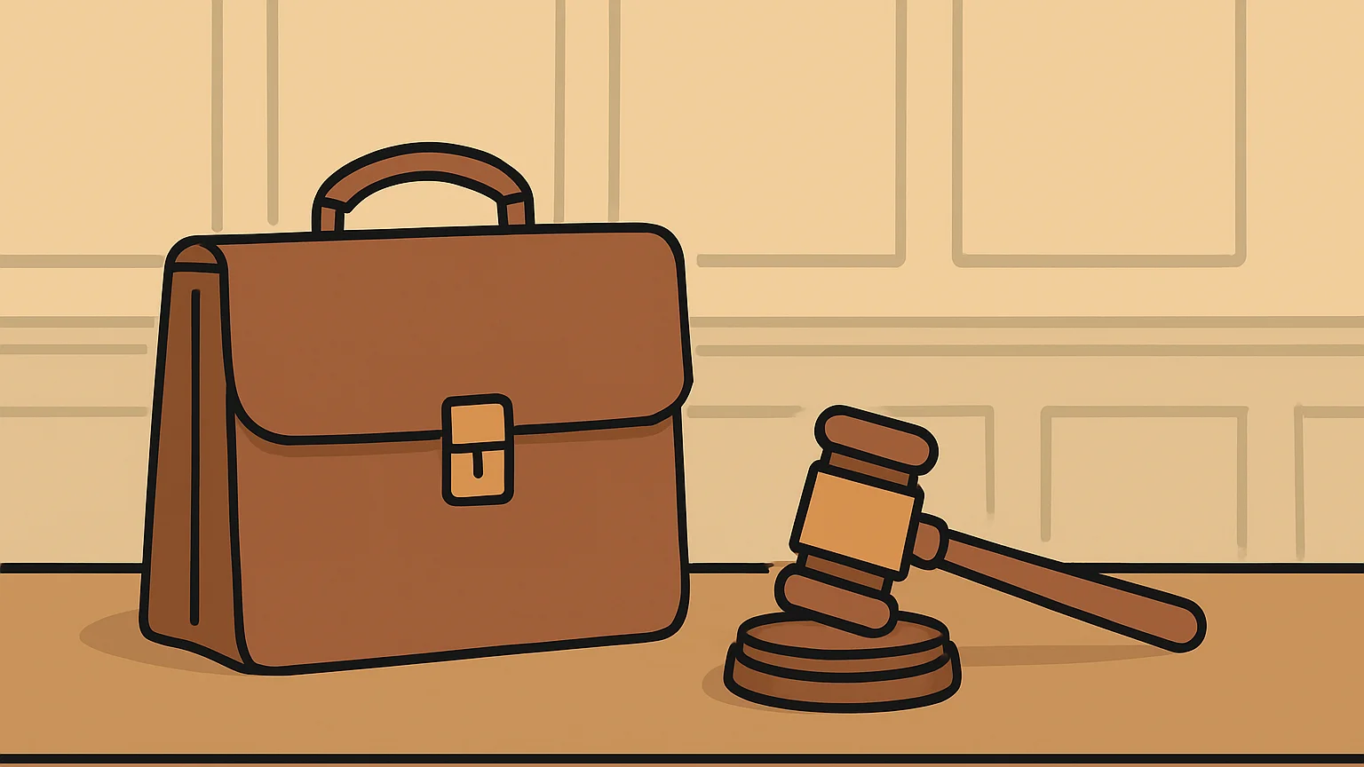 Symbolic illustration: a closed leather briefcase beside a gavel