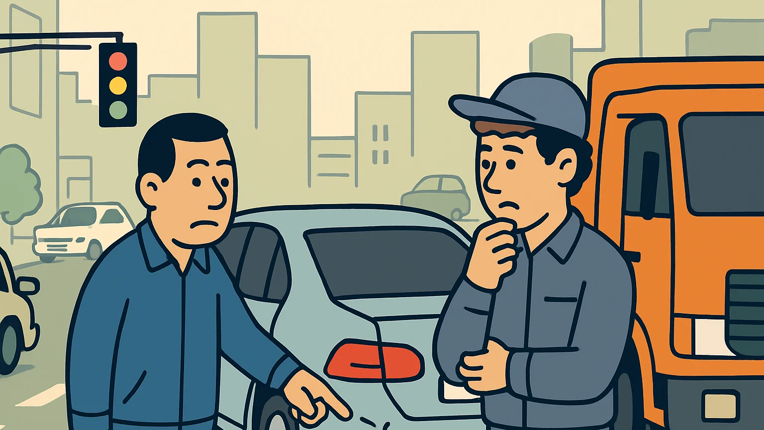A driver and a city vehicle operator discuss a rear-end collision on a city street.