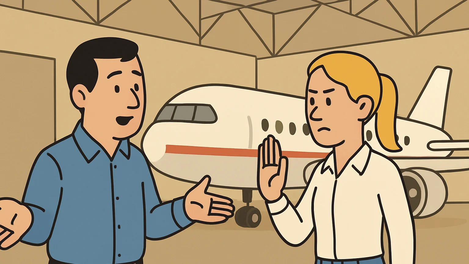 A former airline owner and a union representative argue about worker rights in an airport hangar.
