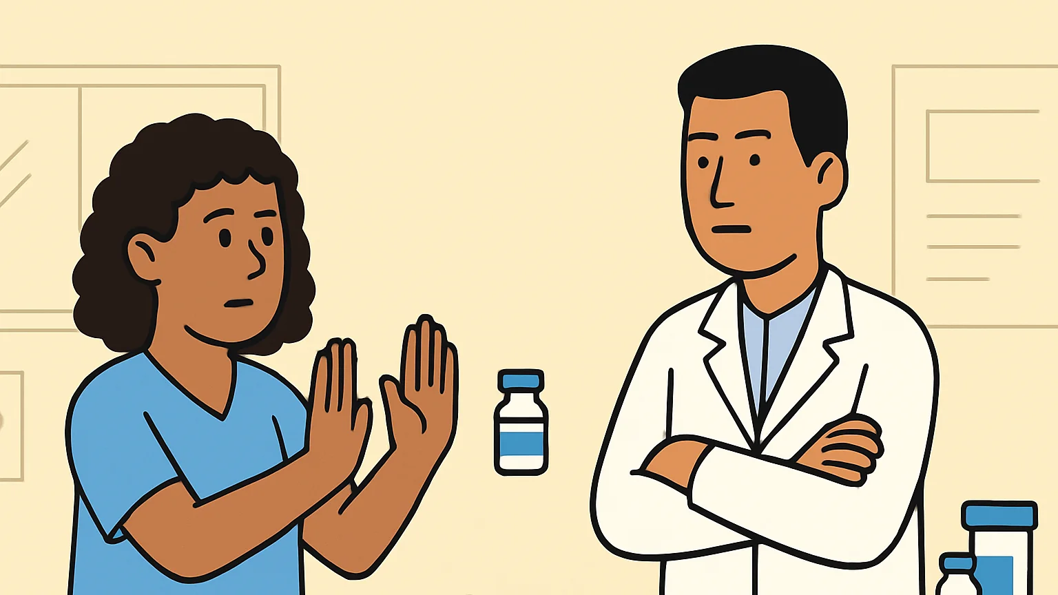 A nurse in scrubs refuses a vaccine from a hospital representative in a lab coat at a clinic.