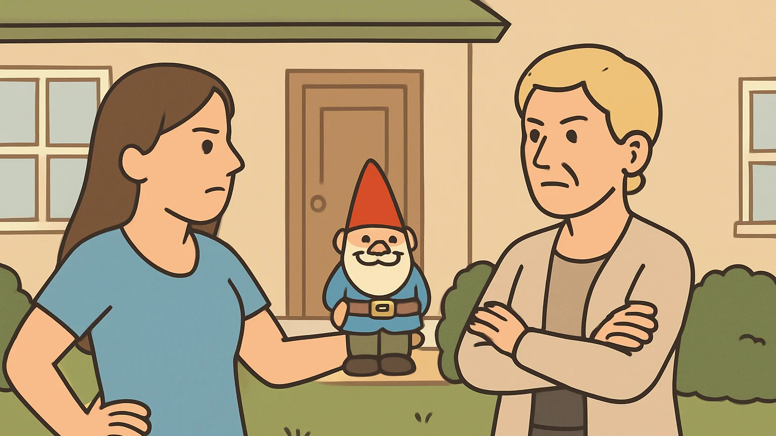 A woman gestures with a garden gnome while confronting her ex-boyfriend's mother in a yard.