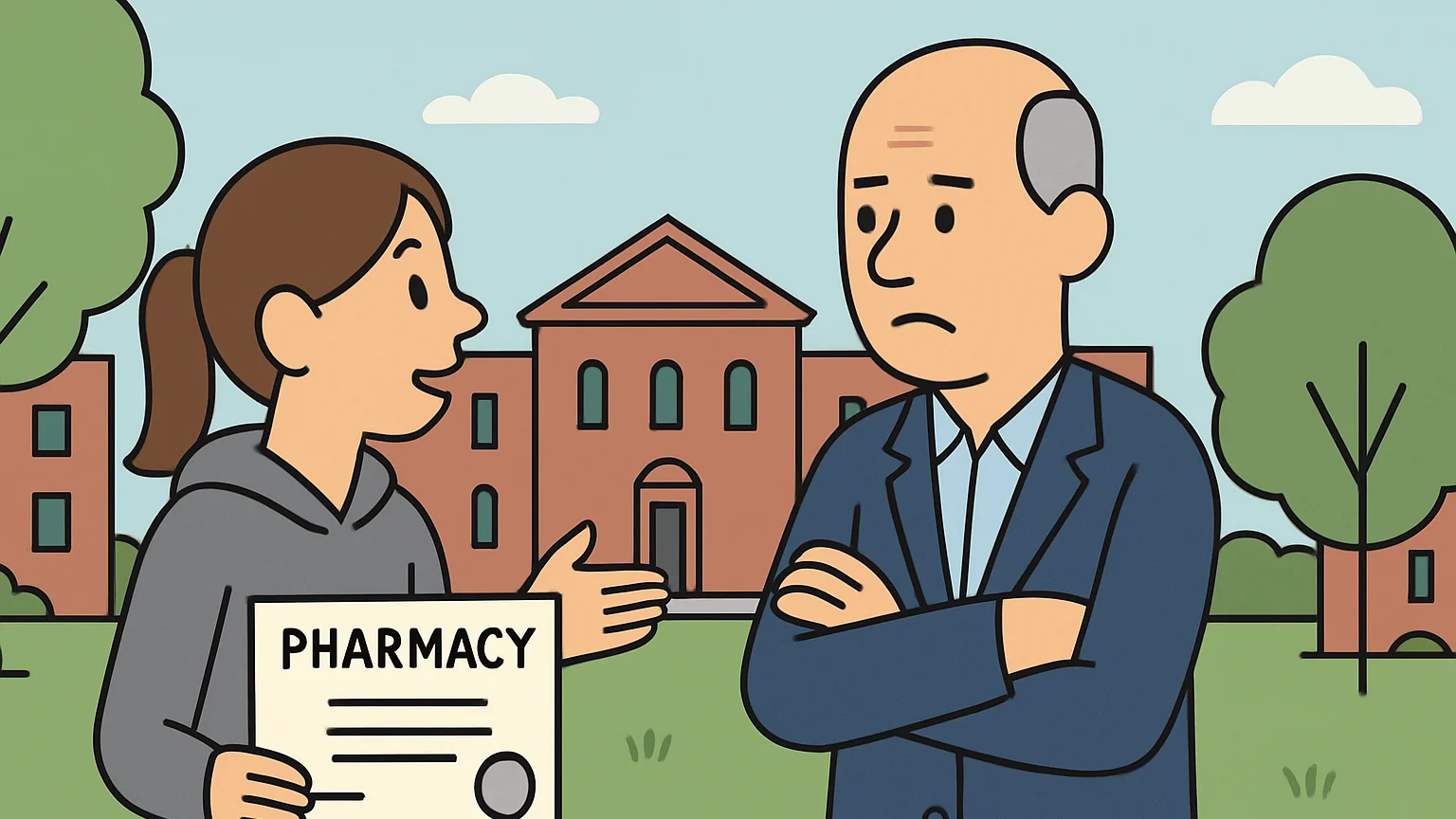 A pharmacy student confronts a university official over her dismissal in a campus quad.