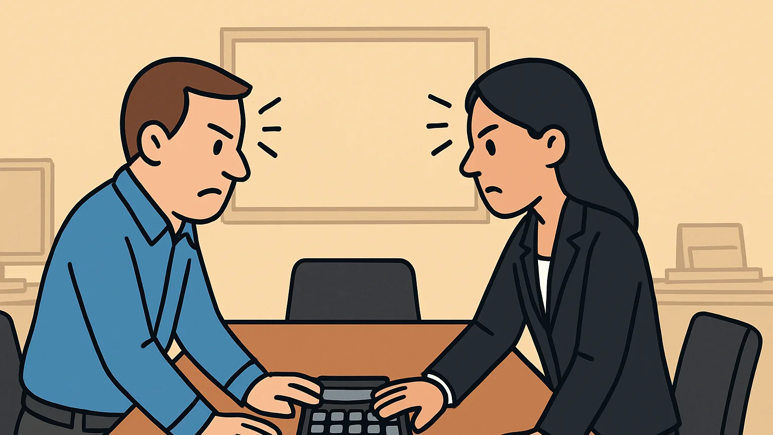 A lender and a loan service representative discuss fees at a conference table.