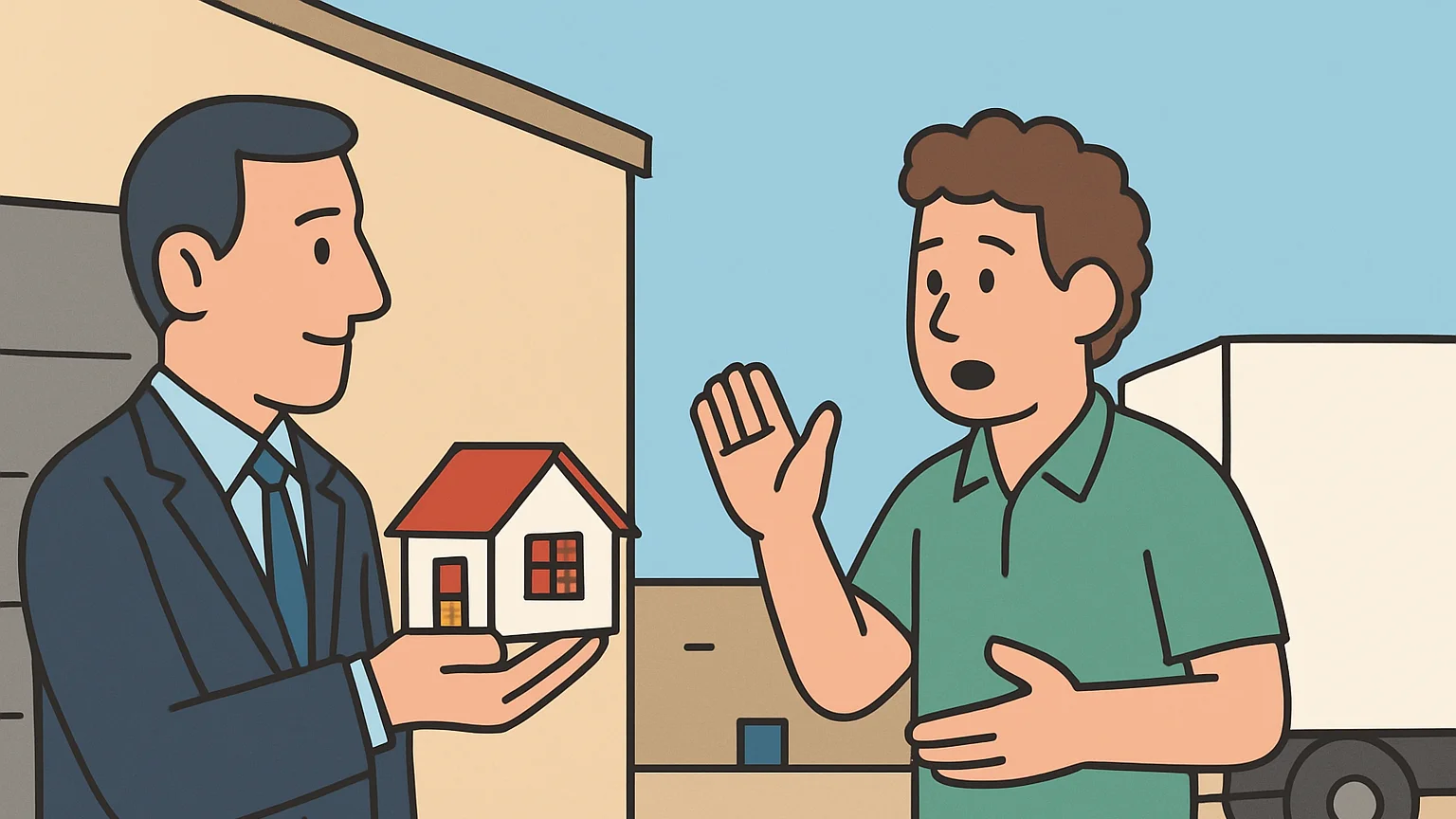 A bank representative and business owner discuss a foreclosure outside a warehouse.