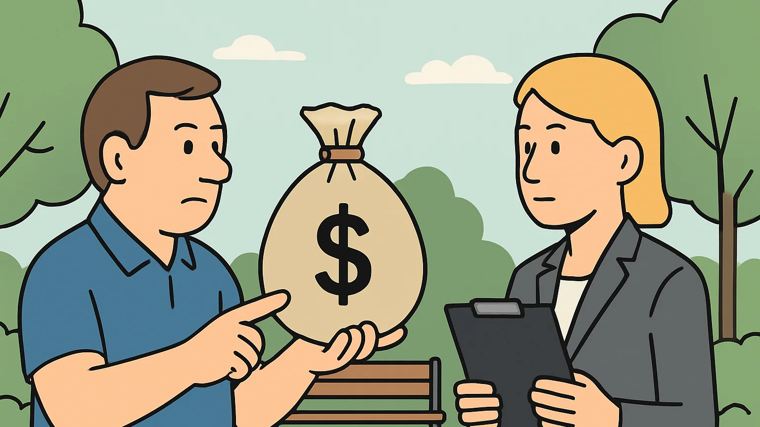 A voter shows a bag of money to an election official in a park, arguing about donations.