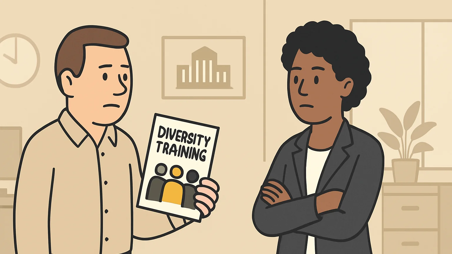 A former city employee and an official face each other in an office, discussing diversity training.