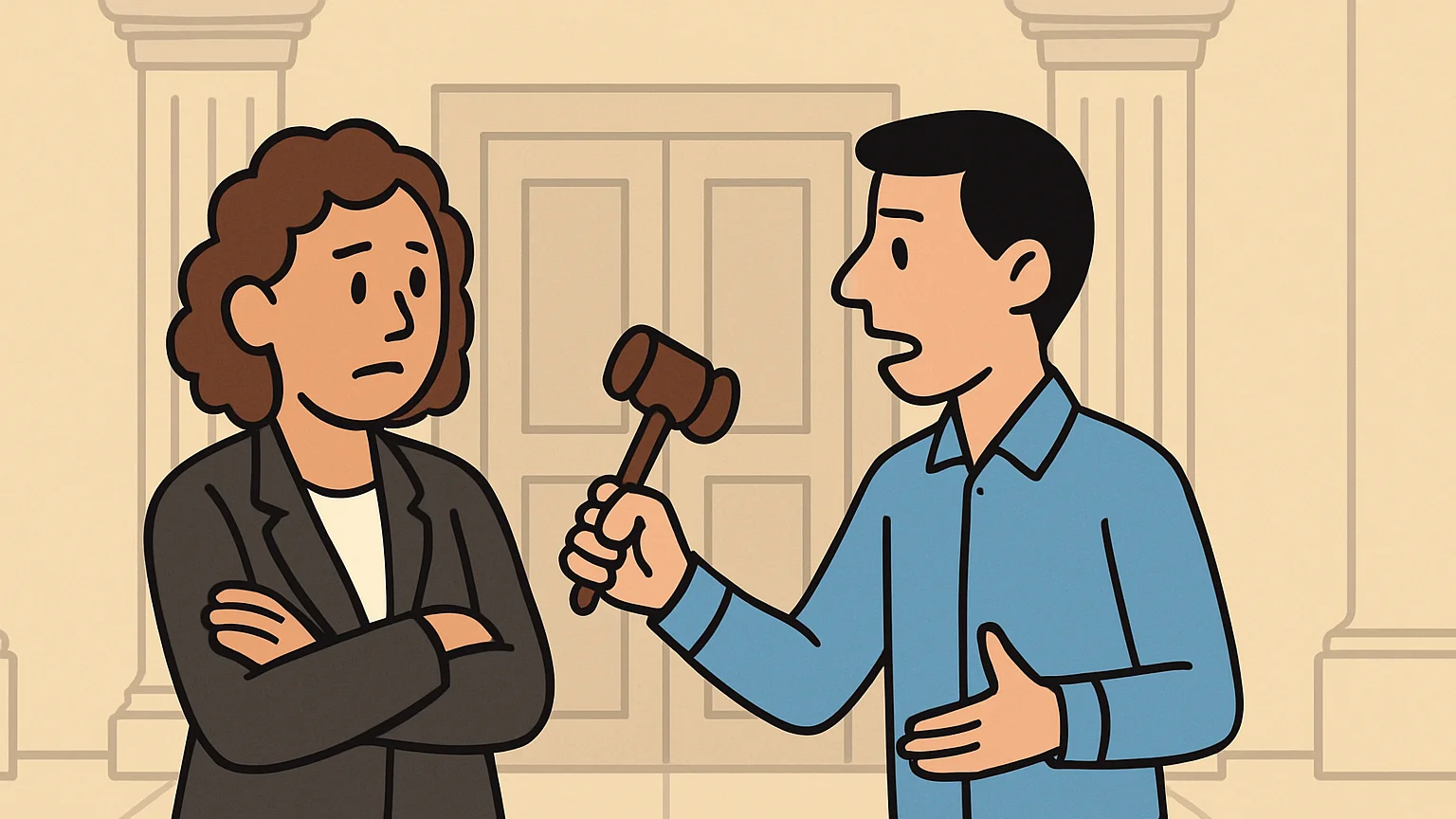 In a courthouse hallway, a young man gestures with a gavel towards a concerned prosecution.