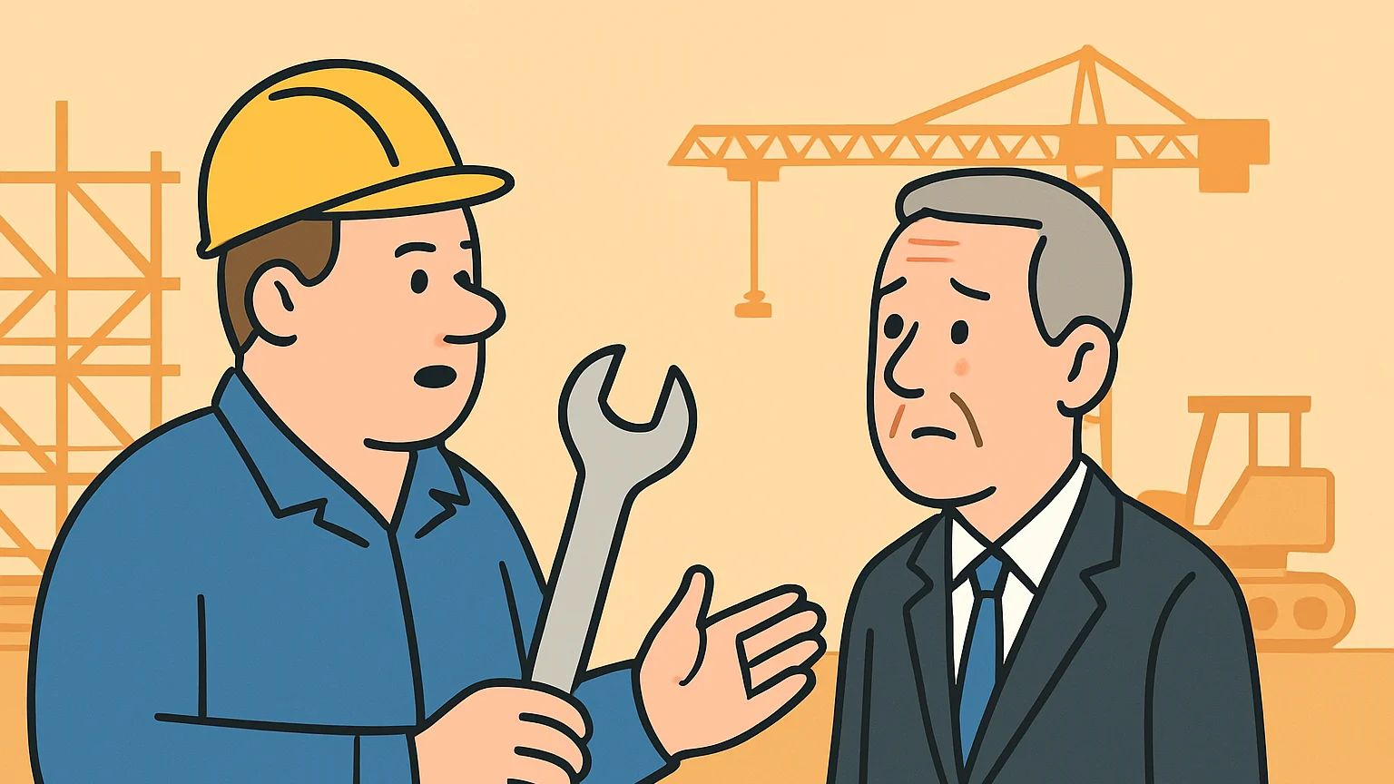 A boilermaker and a pension trustee discuss early retirement eligibility over a wrench.