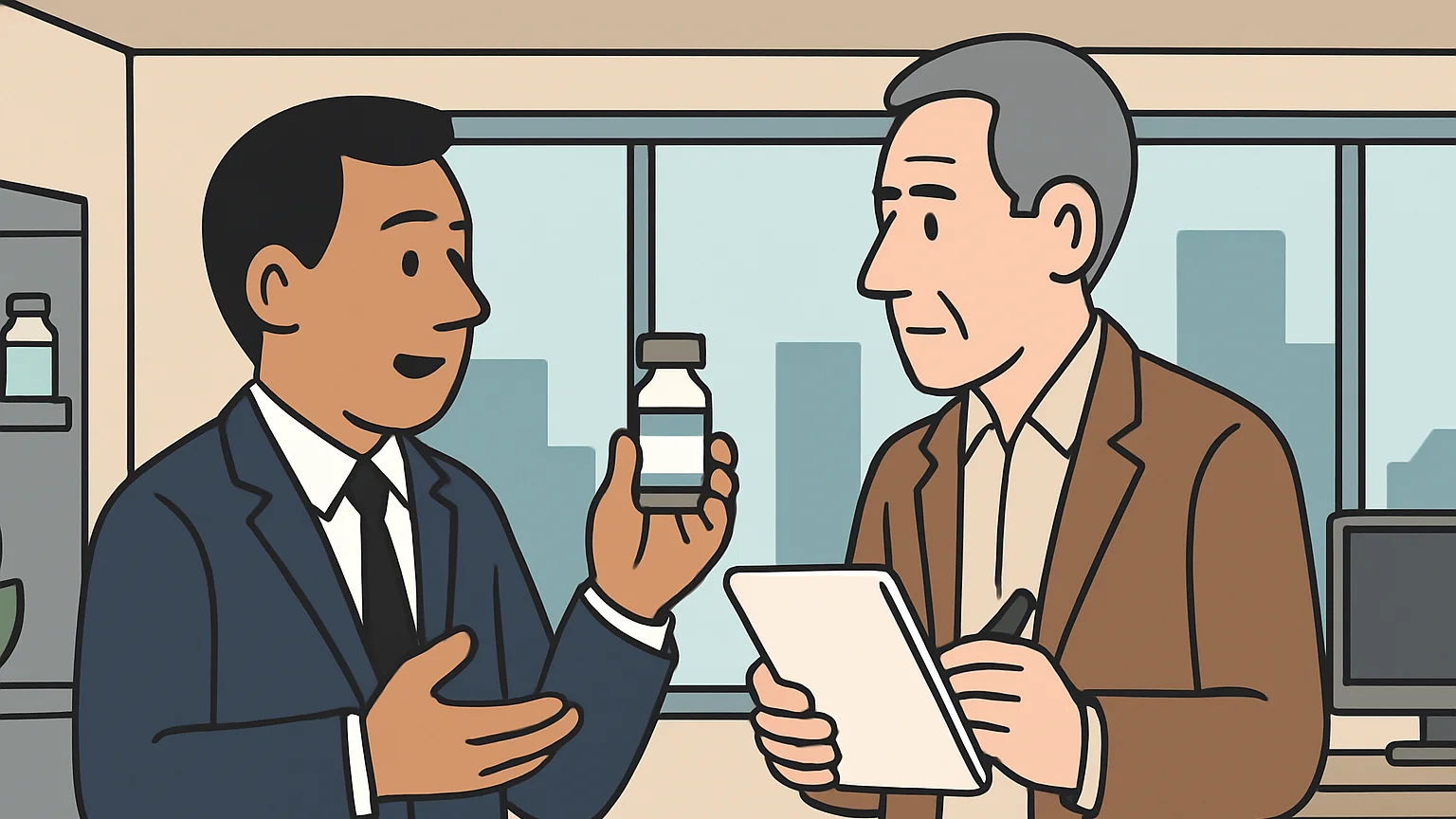 A pharma rep and an investigator in a corporate office discussing a medicine vial.