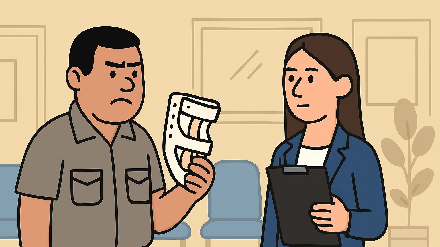An injured worker with a brace confronts an insurance representative in a hospital.