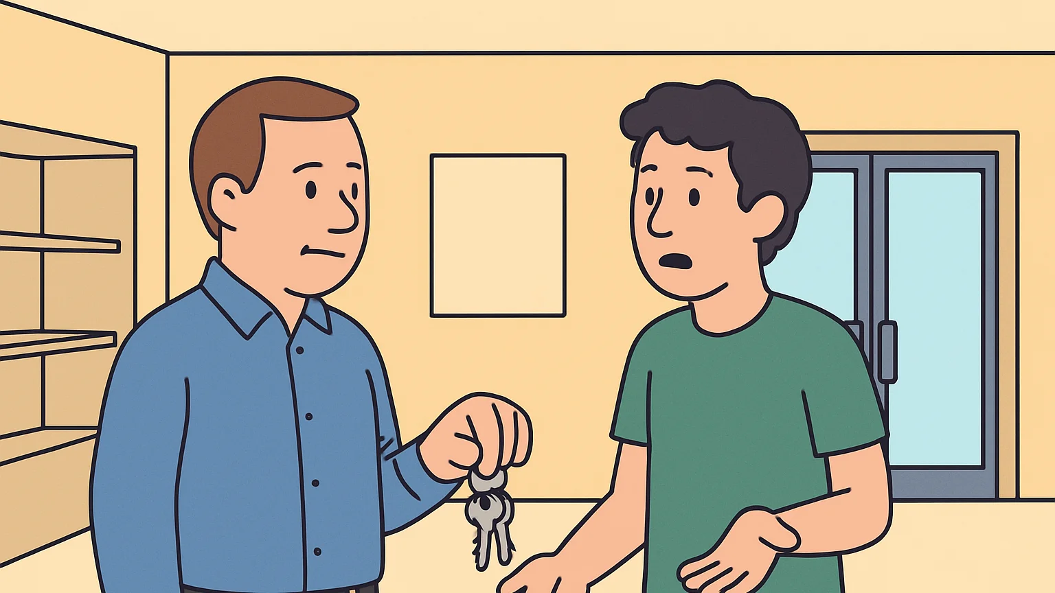 A landlord and guarantor discussing unpaid rent in an empty retail space.