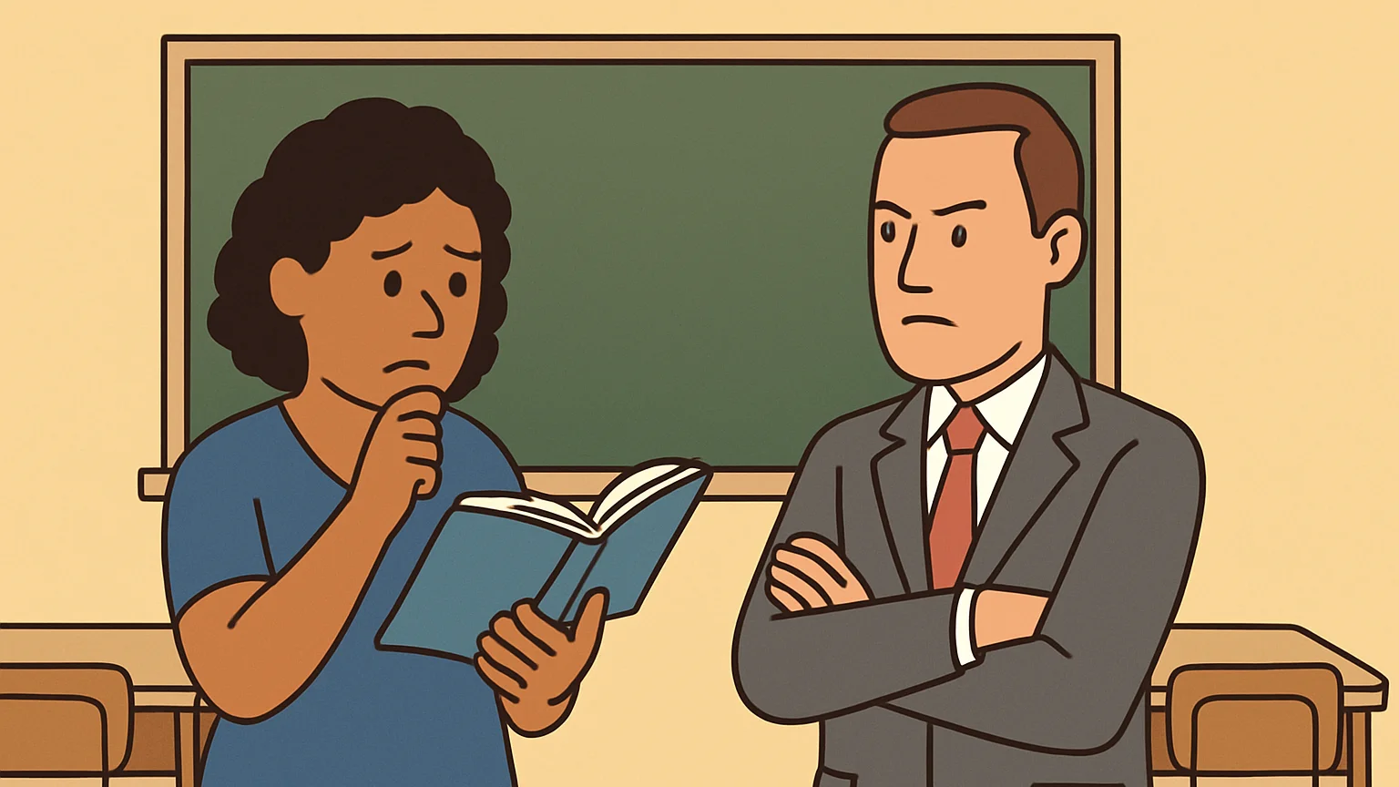 A tense confrontation in a classroom over teaching restrictions.