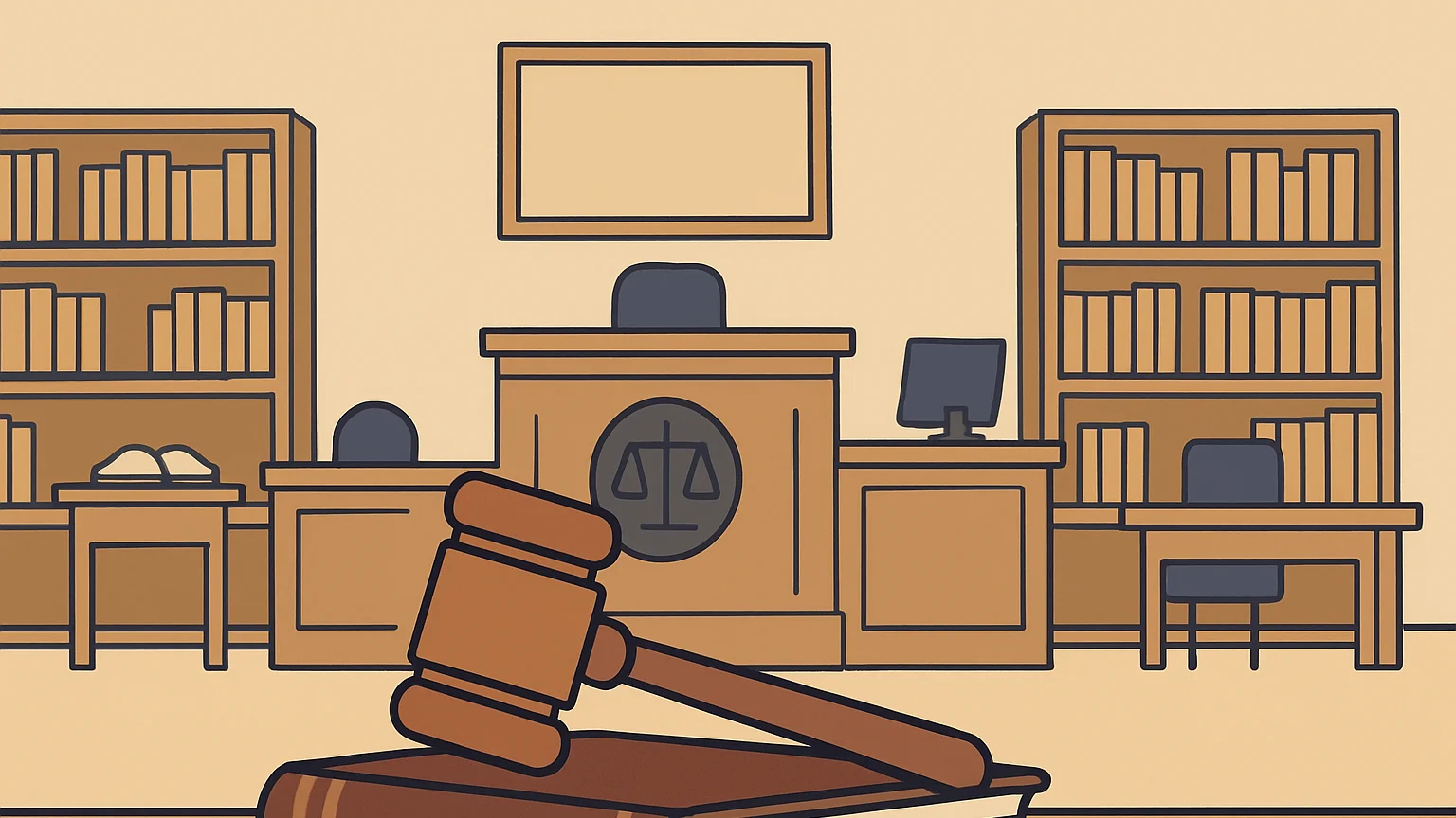 Illustration: a gavel resting on a closed law book in a quiet courthouse library