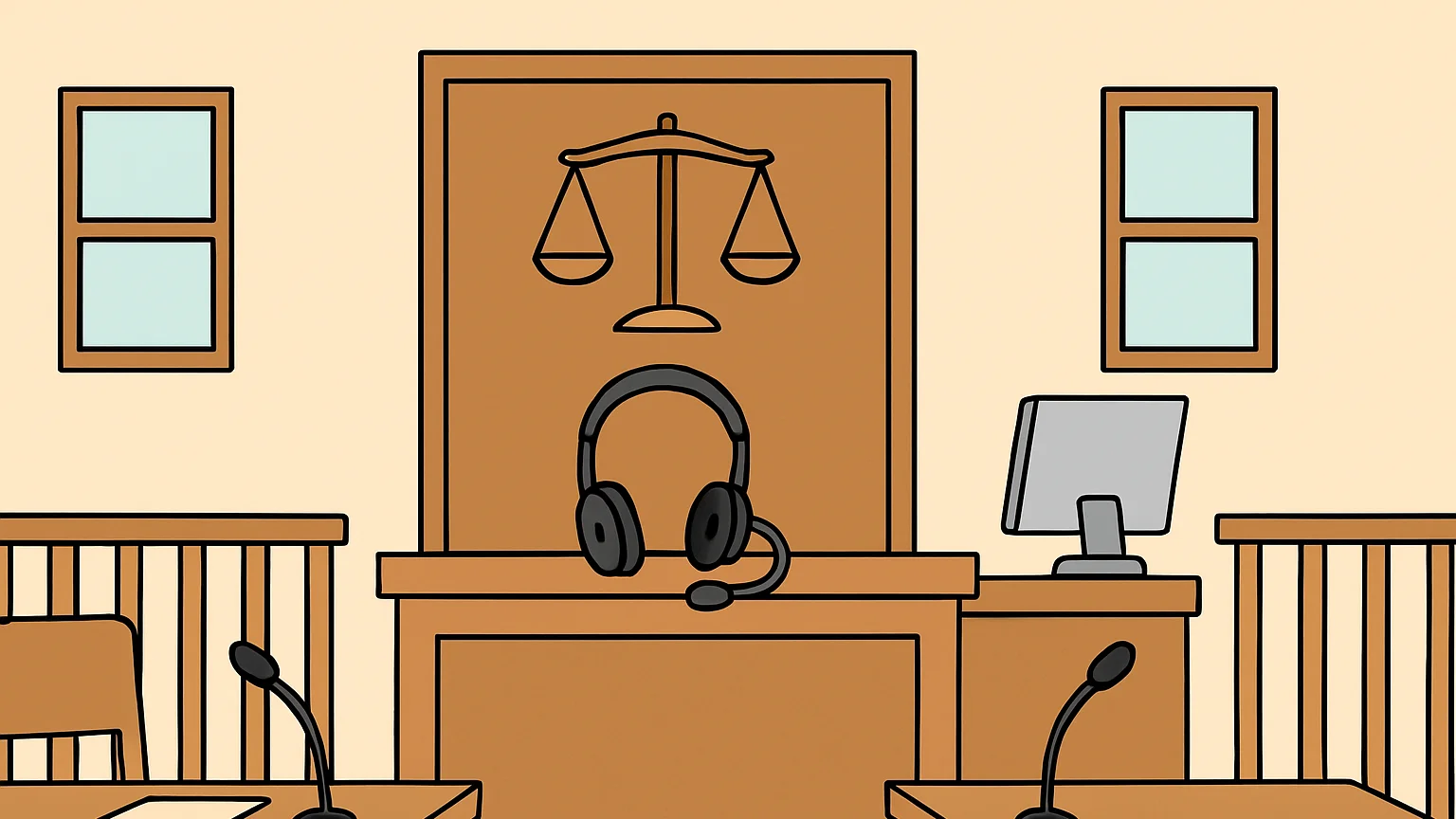 Illustration: a judge's bench with a headset for an interpreter on the table in a small courtroom