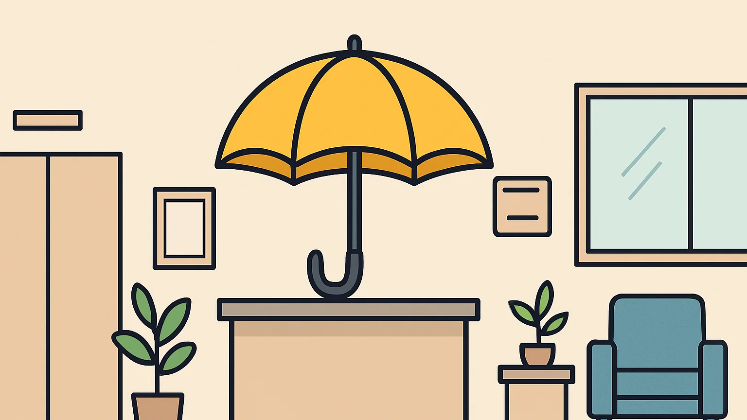 Illustration: a large umbrella-shaped sculpture over an empty reception desk in a corporate office lobby