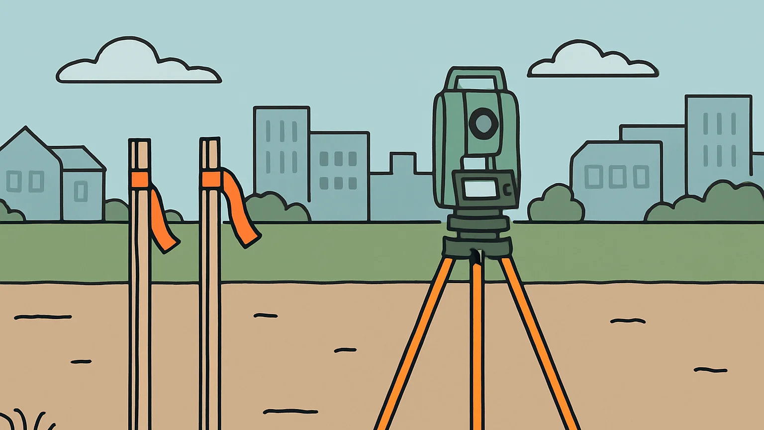 Illustration: survey stakes with orange ribbons and a theodolite on a tripod in an empty field at the edge of town