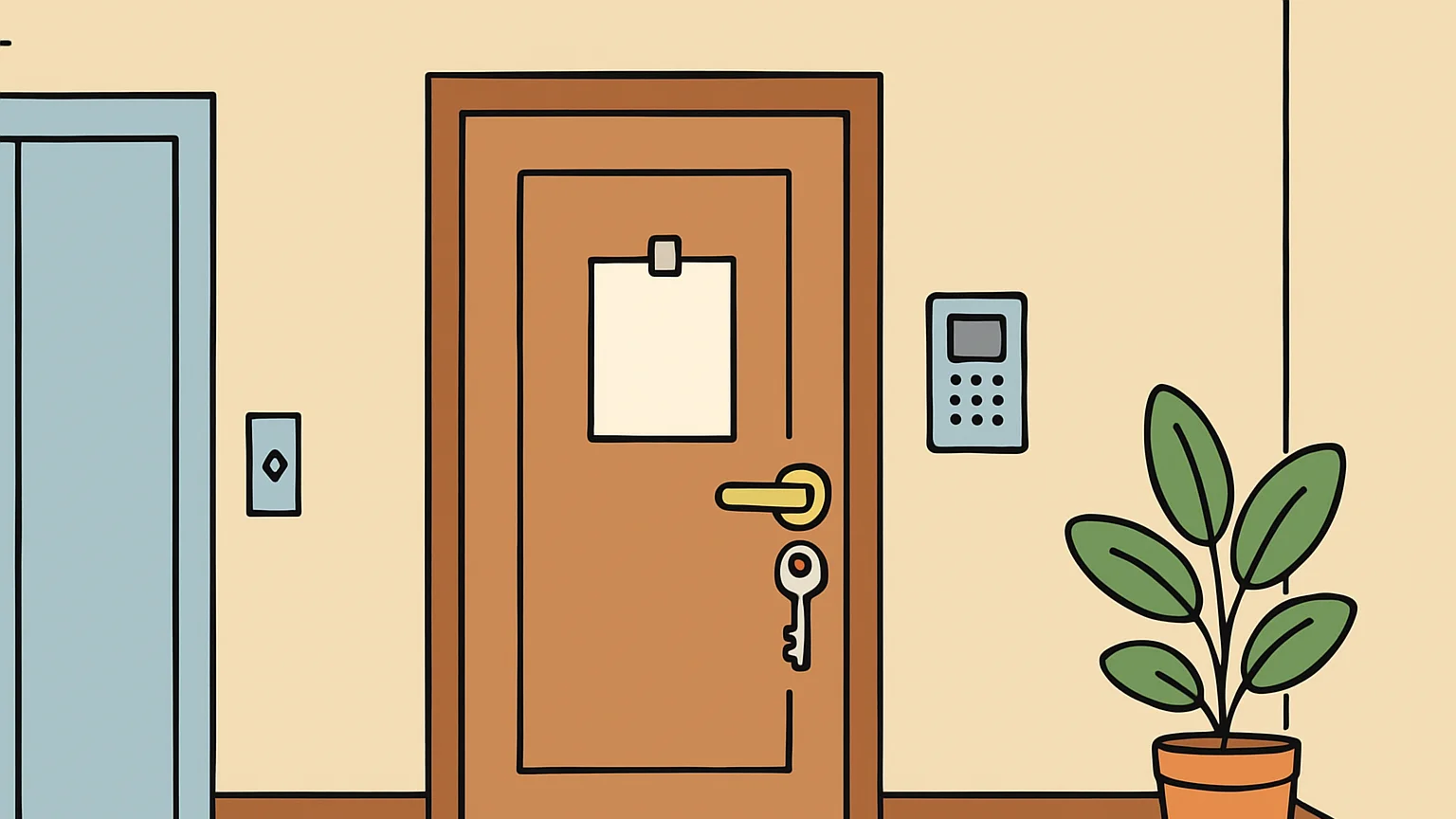 Illustration: an apartment door with a key in the lock and a blank notice taped to it in an apartment building hallway