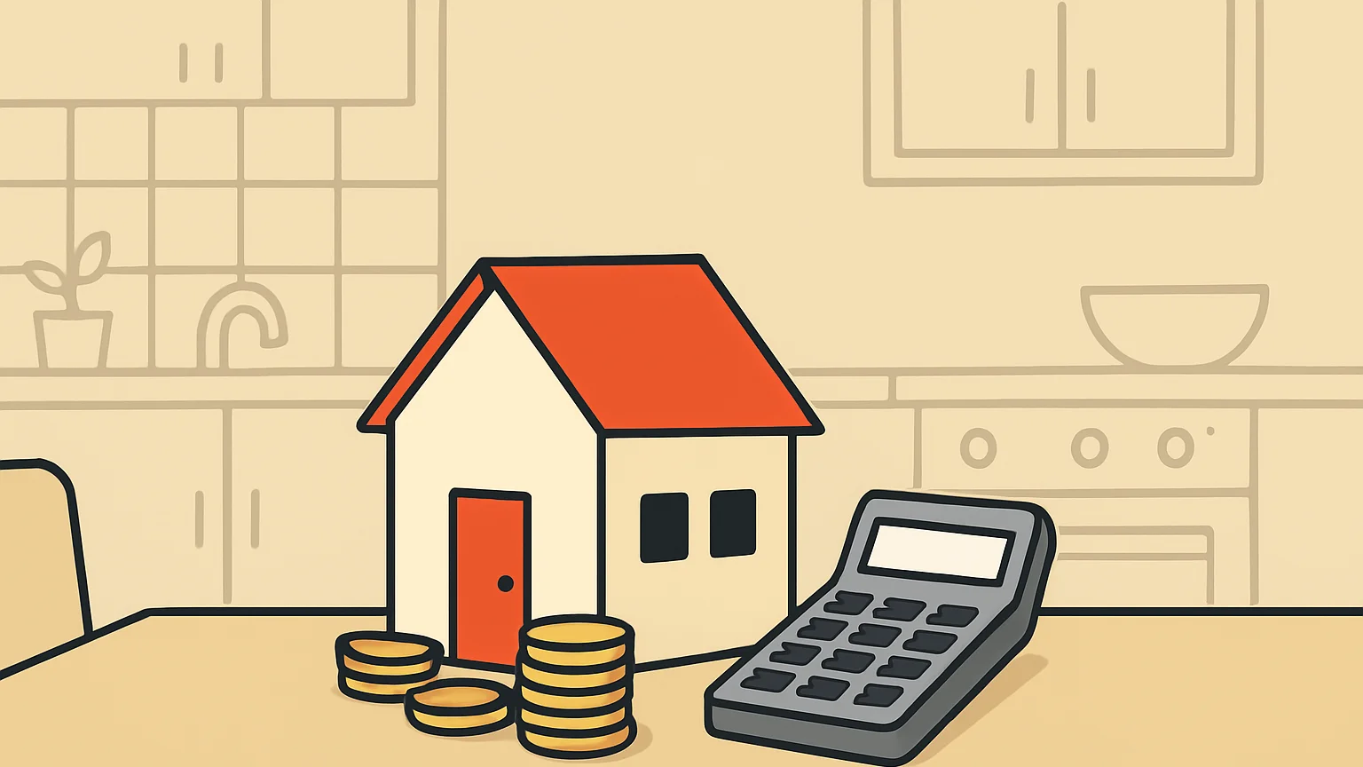 Illustration: a small model house next to a calculator and a pile of coins in a kitchen table