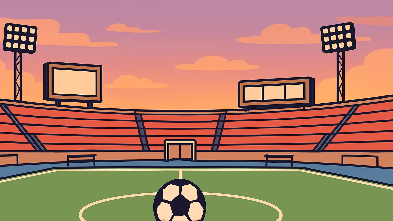 Illustration: a ball resting on the center line of the field in an empty stadium at dusk